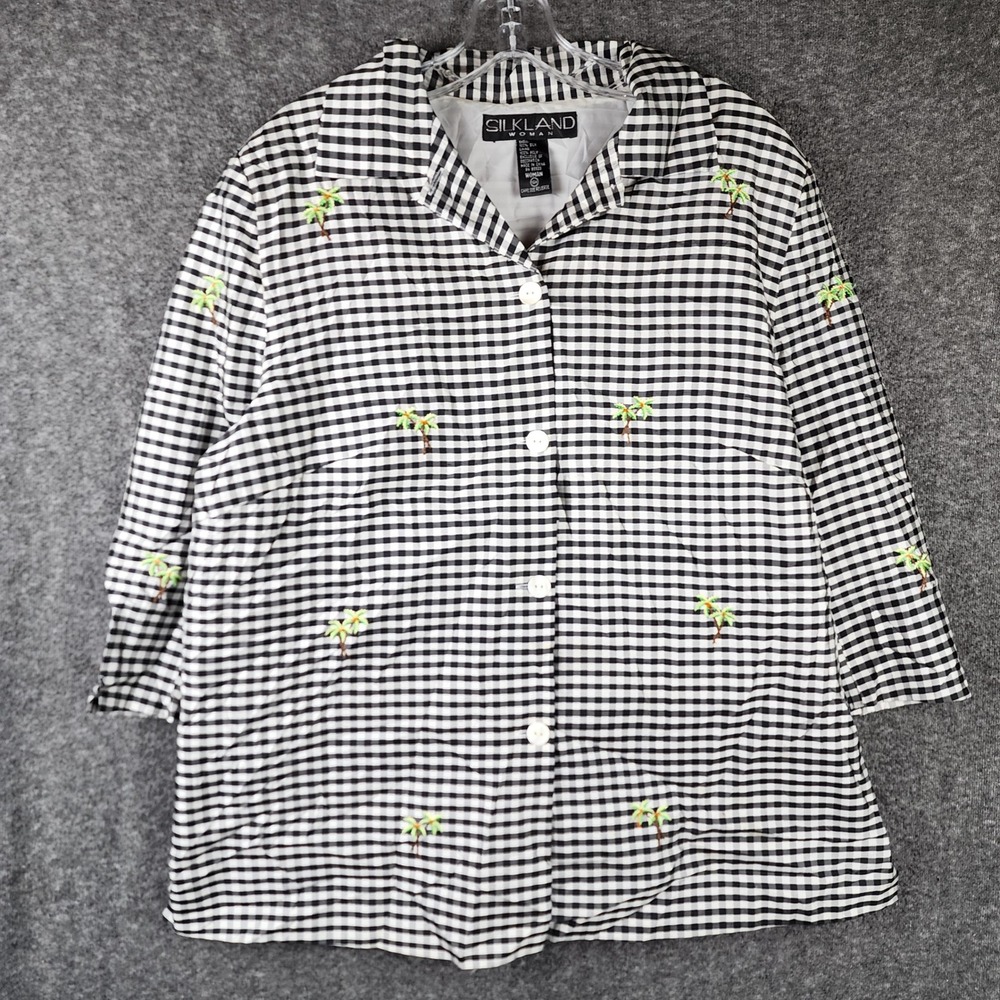 Silkland Woman Top Womens 14W Gingham Black White Palm Tree Silk Button-down EUC